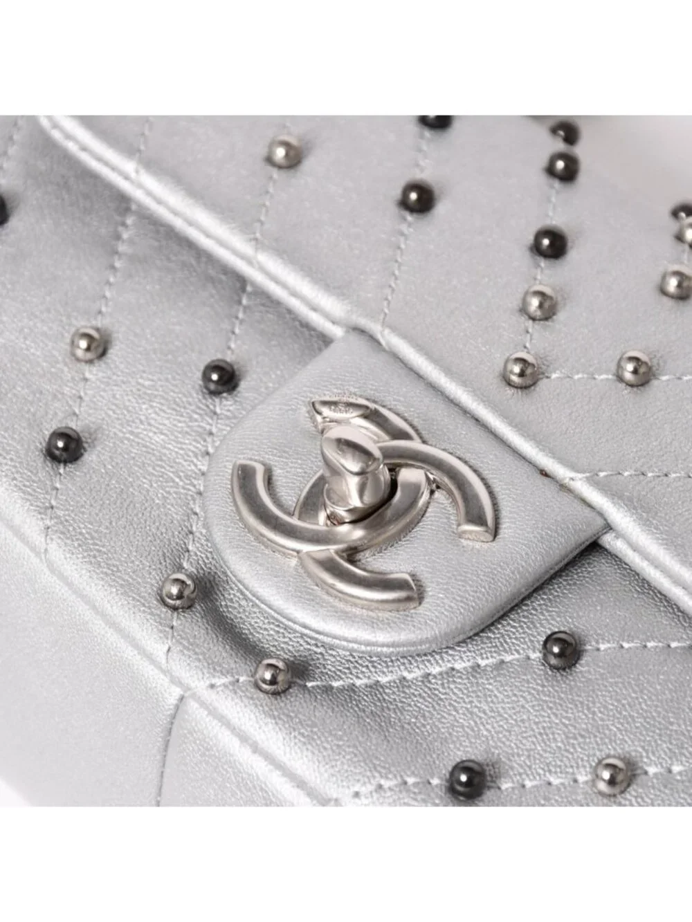 Chanel Chevron Stud Wars Chain Shoulder Bag CC Logo Calfskin Silver